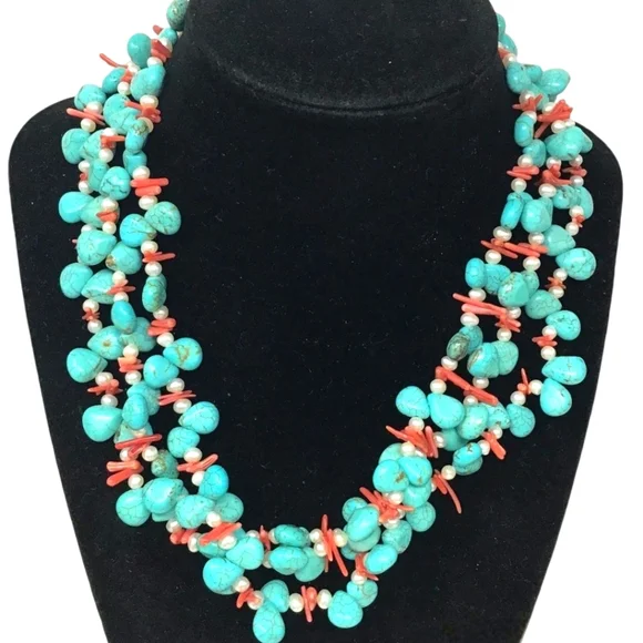 16" Turquoise, Coral & Pearl necklace on 925 Sterling Silver - Picture 1 of 8